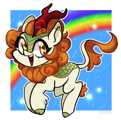 Size: 2040x2017 | Tagged: safe, artist:techycutie, autumn blaze, kirin, sounds of silence, happy, jumping, rain, rainbow, reflection, sparkles, stars