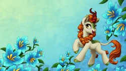 Size: 1920x1080 | Tagged: safe, artist:1jaz, autumn blaze, kirin, sounds of silence, blue background, card, cloven hooves, colored hooves, female, flower, foal's breath, raised hoof, simple background, solo