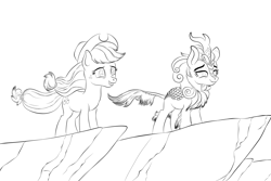 Size: 3000x2000 | Tagged: safe, artist:vasillium, derpibooru import, applejack, autumn blaze, earth pony, kirin, pony, sounds of silence, apple, applejack's hat, bedroom eyes, black and white, cliff, cowboy hat, cutie mark, female, food, freckles, grayscale, hat, high res, mare, monochrome, ponytail, smiling, standing, teeth, wind, wind blowing, wind blown hair