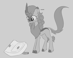Size: 1964x1556 | Tagged: safe, artist:dusthiel, autumn blaze, kirin, sounds of silence, ..., :p, :t, chest fluff, cloven hooves, ear fluff, female, gray background, grayscale, hoof fluff, kitchen sink, leg fluff, leonine tail, looking at something, looking down, monochrome, quadrupedal, silly, simple background, sink, smiling, solo, tongue out