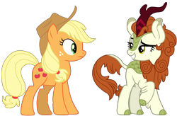 Size: 12374x8141 | Tagged: safe, artist:ejlightning007arts, derpibooru import, applejack, autumn blaze, earth pony, kirin, pony, sounds of silence, absurd resolution, cloven hooves, context is for the weak, cowboy hat, duo, female, freckles, hat, lidded eyes, mare, raised hoof, simple background, smiling, stetson, transparent background, vector
