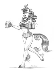 Size: 1000x1309 | Tagged: safe, artist:baron engel, autumn blaze, anthro, kirin, unguligrade anthro, sounds of silence, alcohol, beer, belly button, breasts, busty autumn blaze, clothes, female, grayscale, kirin beer, kirin ichiban, midriff, monochrome, mug, pencil drawing, shirt, shorts, simple background, solo, t-shirt, traditional art, white background