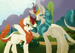 Size: 1280x903 | Tagged: safe, artist:gs-bunfoxx18, autumn blaze, rain shine, kirin, sounds of silence, cheek fluff, chest fluff, crown, cute, ear fluff, hoof on shoulder, jewelry, leg fluff, open mouth, raised leg, regalia