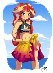 Size: 2543x3474 | Tagged: safe, artist:nin10ja, sunset shimmer, equestria girls, bikini, blushing, clothes, female, looking at you, sarong, smiling, solo, swimsuit