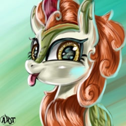 Size: 1080x1080 | Tagged: safe, artist:arkhat, autumn blaze, kirin, :p, awwtumn blaze, bust, cute, green background, portrait, signature, simple background, smiling, solo, tongue out