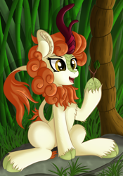 Size: 3504x5000 | Tagged: safe, artist:sethisto, autumn blaze, kirin, autumn blaze's puppet, awwtumn blaze, chest fluff, cute, ear fluff, leg fluff, open mouth, sitting, solo, tree, twig