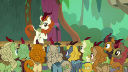 Size: 1280x720 | Tagged: safe, screencap, autumn afternoon, autumn blaze, cinder glow, fern flare, forest fall, maple brown, pumpkin smoke, sparkling brook, spring glow, summer flare, winter flame, kirin, sounds of silence, spoiler:s08, background kirin, crowd, female, male, microphone, plot, stage