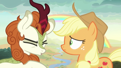 Size: 1280x720 | Tagged: safe, derpibooru import, screencap, applejack, autumn blaze, earth pony, kirin, pony, sounds of silence, spoiler:s08, duo, duo female, eyes closed, female, mare, rainbow