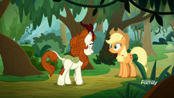 Size: 1920x1080 | Tagged: safe, derpibooru import, screencap, applejack, autumn blaze, earth pony, kirin, pony, sounds of silence, spoiler:s08, animation error, discovery family logo, jungle, path, plot, tree, vine