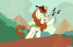 Size: 1600x1036 | Tagged: safe, artist:toonboy92484, autumn blaze, kirin, sounds of silence, awwtumn blaze, cute, eyes closed, female, leg fluff, music notes, open mouth, singing, solo