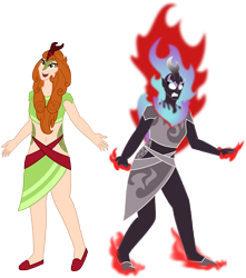 Size: 3800x4300 | Tagged: safe, artist:cyril_deroach, derpibooru exclusive, autumn blaze, human, kirin, nirik, art pack:equestria humanized project, angry, clothes, dress, duality, duo, duo female, female, fire, fire hair, glowing eyes, happy, horn, horned humanization, humanized, long hair, scales, simple background, smiling, transparent background, vector
