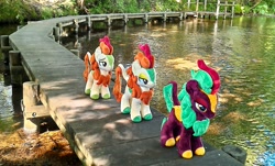 Size: 2252x1362 | Tagged: safe, artist:hihin1993, autumn blaze, cinder glow, summer flare, kirin, bridge, follow the leader, irl, japan, photo, plushie, self ponidox, water