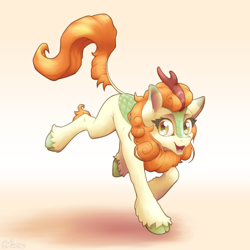 Size: 2000x2000 | Tagged: safe, artist:ohemo, autumn blaze, kirin, atg 2019, awwtumn blaze, cloven hooves, cute, ear fluff, female, leonine tail, newbie artist training grounds, open mouth, smiling, solo