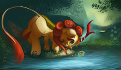 Size: 4200x2450 | Tagged: safe, alternate version, artist:auroriia, autumn blaze, kirin, sounds of silence, autumn blaze's puppet, awwtumn blaze, butt, cute, female, flower, grass, leonine tail, mirrored, plot, pond, profile, scenery, solo, updated, water