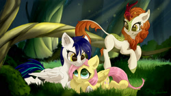 Size: 1920x1080 | Tagged: safe, artist:muffinkarton, derpibooru import, autumn blaze, fluttershy, oc, oc:lucy vectors, kirin, pegasus, pony, canon x oc, commission, crepuscular rays, cuddling, female, forest, lesbian, light, protecting, shimmer, smiling, snuggling, sunlight, wood