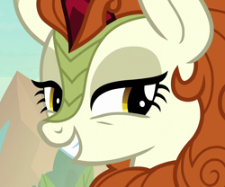 Size: 960x800 | Tagged: safe, screencap, autumn blaze, kirin, sounds of silence, cropped, female, grin, lidded eyes, smiling, solo