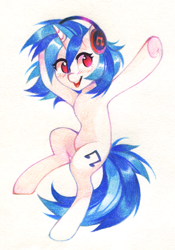 Size: 1087x1555 | Tagged: safe, artist:lispp, dj pon-3, vinyl scratch, pony, unicorn, blushing, colored pencil drawing, female, headphones, mare, simple background, smiling, traditional art, underhoof, white background