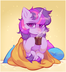 Size: 1560x1700 | Tagged: safe, artist:lispp, twilight sparkle, unicorn twilight, pony, unicorn, blanket, coffee, cup, female, looking at you, mare, pillow, solo, steam