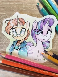 Size: 960x1280 | Tagged: safe, artist:lispp, starlight glimmer, sunburst, pony, unicorn, cape, clothes, colored pencil drawing, cutout, duo, female, glasses, male, mare, pencil drawing, stallion, traditional art