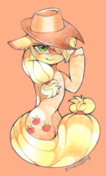 Size: 983x1627 | Tagged: safe, artist:lispp, applejack, earth pony, pony, colored pencil drawing, cowboy hat, female, hat, looking at you, mare, orange background, simple background, solo, traditional art