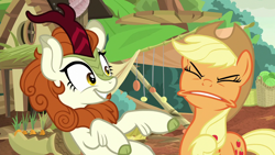 Size: 1280x720 | Tagged: safe, derpibooru import, screencap, applejack, autumn blaze, earth pony, kirin, pony, sounds of silence, a kirin tale, applejack is not amused, awwtumn blaze, cheerful, cloven hooves, cowboy hat, cute, faic, hat, singing, stetson, unamused