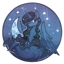 Size: 1700x1700 | Tagged: safe, artist:lispp, princess luna, alicorn, pony, crescent moon, female, mare, monochrome, moon, simple background, solo, stars, traditional art, transparent background, transparent moon, watercolor painting