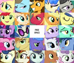 Size: 1280x1094 | Tagged: safe, derpibooru import, edit, edited screencap, editor:jaredking203, screencap, applejack, autumn blaze, beauty brass, big macintosh, blues, bon bon, bright mac, cheese sandwich, coloratura, dj pon-3, feather bangs, fiddlesticks, fluttershy, lyra heartstrings, lyrica lilac, meadow song, noteworthy, octavia melody, parish nandermane, pear butter, pinkie pie, rarity, sapphire shores, sweetie belle, sweetie drops, twilight sparkle, twilight sparkle (alicorn), vinyl scratch, alicorn, earth pony, kirin, pegasus, pony, unicorn, apple family member, background pony, bingo, female, filly, freckles, male, mare, stallion