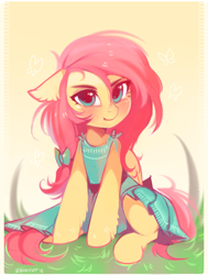 Size: 1687x2227 | Tagged: safe, artist:lispp, fluttershy, pegasus, pony, blushing, clothes, cute, dress, female, floppy ears, folded wings, head turn, looking at you, mare, shyabetes, sitting, solo, summer