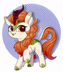 Size: 2150x2428 | Tagged: safe, artist:inaba_hitomi, autumn blaze, kirin, awwtumn blaze, circle background, cute, female, high res, looking at you, one hoof raised, pixiv, solo, tongue out