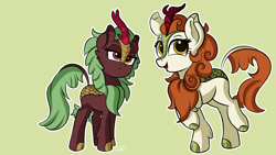 Size: 3840x2160 | Tagged: safe, artist:sadtrooper, autumn blaze, cinder glow, summer flare, kirin, cute, duo, green background, happy, high res, open mouth, simple background