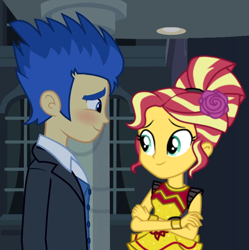 Size: 742x744 | Tagged: safe, artist:3d4d, edit, edited screencap, screencap, flash sentry, sunset shimmer, equestria girls, blushing, female, flashimmer, male, shipping, straight