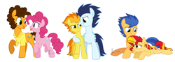 Size: 4540x1612 | Tagged: safe, artist:yaaaco, cheese sandwich, flash sentry, pinkie pie, soarin', spitfire, sunset shimmer, pony, cheesepie, female, flashimmer, male, shipping, soarinfire, straight