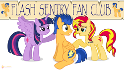 Size: 3840x2160 | Tagged: safe, artist:flashlighthouse, flash sentry, sunset shimmer, twilight sparkle, twilight sparkle (alicorn), alicorn, pegasus, pony, unicorn, banner, bedroom eyes, female, flash sentry gets all the mares, flashimmer, flashlight, flashlightshimmer, male, shipping, straight, this will end in tears