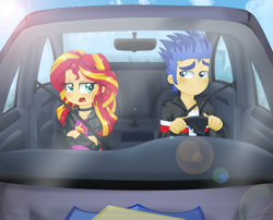 Size: 2947x2384 | Tagged: safe, artist:lucy-tan, flash sentry, sunset shimmer, human, equestria girls, car, driving, female, flash sentry's car, flashimmer, humanized, male, shipping, straight, tsundere, tsunset shimmer