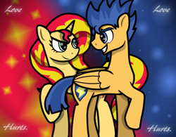 Size: 437x340 | Tagged: safe, artist:flashsentrysartwork, flash sentry, sunset shimmer, pegasus, pony, unicorn, backwards cutie mark, female, flashimmer, male, shipping, straight