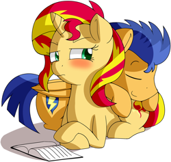 Size: 1280x1213 | Tagged: safe, artist:furrgroup, flash sentry, sunset shimmer, pegasus, pony, unicorn, backwards cutie mark, blushing, book, butt pillow, cute, diasentres, eyes closed, female, flashimmer, male, prone, shipping, sleeping, smiling, straight, tsundere, tsunset shimmer