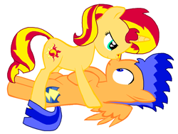 Size: 1160x876 | Tagged: safe, artist:iceagelover, flash sentry, sunset shimmer, pony, bedroom eyes, boop, cute, eye contact, flashimmer, frown, gotcha, noseboop, on back, on top, shipping, simple background, smiling, spread wings, standing, wide eyes