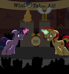 Size: 3177x3413 | Tagged: safe, artist:knight-of-bacon, flash sentry, sunset shimmer, twilight sparkle, pony, unicorn, magic duel, :p, angry, big crown thingy, clock, derp, element of magic, eye contact, female, fight, flash sentry gets all the mares, flashimmer, flashlight, floppy ears, glare, gritted teeth, magic, male, shipping, sitting, smiling, straight, wings