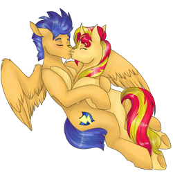 Size: 1000x1000 | Tagged: safe, artist:fluffyrainbowsheep, flash sentry, sunset shimmer, pegasus, pony, unicorn, backwards cutie mark, blushing, boop, couple, cuddling, curved horn, cute, eyes closed, female, flashimmer, floppy ears, kissing, love, male, noseboop, shipping, smiling, snuggling, spread wings, straight, underhoof