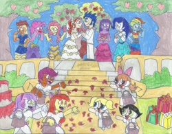 Size: 2180x1700 | Tagged: safe, artist:yogelis, apple bloom, applejack, flash sentry, fluttershy, pinkie pie, rainbow dash, rarity, scootaloo, sunset shimmer, sweetie belle, twilight sparkle, equestria girls, blossom (powerpuff girls), bride, bridesmaid, bridesmaid dress, bridesmaids, bubbles (powerpuff girls), buttercup (powerpuff girls), clothes, crossover, cutie mark crusaders, dress, fall formal outfits, female, flashimmer, flower girl, flower girl dress, humane five, humane seven, humane six, male, marriage, shipping, straight, the powerpuff girls, traditional art, tuxedo, wedding, wedding dress, wedding veil