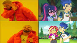 Size: 1021x575 | Tagged: safe, flash sentry, sci-twi, sunset shimmer, twilight sparkle, equestria girls, legend of everfree, female, flashimmer, flashlight, hotline bling, male, meme, op is a cuck, reaction image, sciflash, shipping, straight