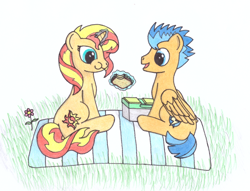 Size: 1024x784 | Tagged: safe, artist:zocidem, flash sentry, sunset shimmer, female, flashimmer, flower, food, male, picnic, sandwich, shipping, straight, traditional art