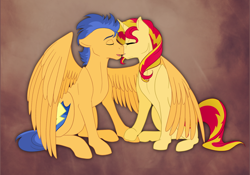 Size: 1286x902 | Tagged: safe, artist:llacky, flash sentry, sunset shimmer, pegasus, pony, unicorn, backwards cutie mark, eyes closed, flashimmer, kissing, shipping, winghug