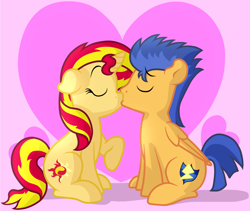 Size: 2629x2222 | Tagged: safe, artist:furrgroup, flash sentry, sunset shimmer, pegasus, pony, unicorn, cute, eyes closed, female, flashimmer, floppy ears, heart, kissing, male, shipping, straight