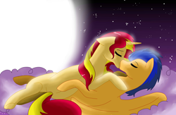 Size: 1000x650 | Tagged: safe, artist:lightybulb, flash sentry, sunset shimmer, pegasus, pony, unicorn, cloud, flashimmer, kissing, shipping