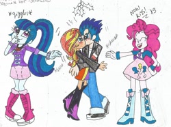 Size: 1024x760 | Tagged: safe, artist:xxfluffypachirisuxx, flash sentry, pinkie pie, sonata dusk, sunset shimmer, equestria girls, blushing, female, flashimmer, holly, holly mistaken for mistletoe, kissing, male, now kiss, push, shipper on deck, shipping, shove, straight, traditional art
