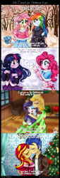 Size: 1020x2999 | Tagged: safe, artist:lucy-tan, applejack, flash sentry, fluttershy, pinkie pie, rainbow dash, rarity, sunset shimmer, twilight sparkle, twilight sparkle (alicorn), alicorn, equestria girls, christmas, comic, female, flashimmer, flutterdash, humane seven, kissing, lesbian, male, rarijack, shipping, straight, twinkie