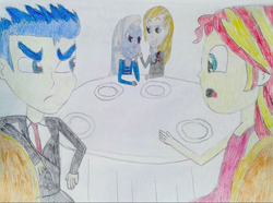 Size: 1018x758 | Tagged: safe, artist:hakdurbin, flash sentry, prince blueblood, sunset shimmer, trixie, equestria girls, bluetrix, double date, female, flashimmer, male, shipping, straight, traditional art