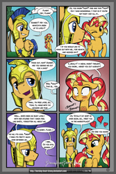 Size: 2100x3150 | Tagged: safe, artist:burning-heart-brony, flash sentry, sunset shimmer, pony, comic:friendship isnt canon, alternate hairstyle, comic, cute, female, flashimmer, heart, heartbeat, male, ponytail, shipping, straight