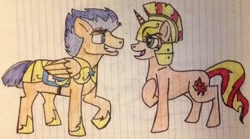 Size: 1024x571 | Tagged: safe, artist:pimpartist101, flash sentry, sunset shimmer, pony, female, flashimmer, lined paper, male, shipping, straight, traditional art